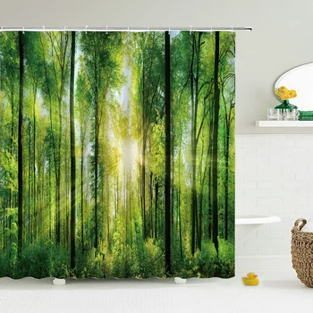 

Modern 3D Printing Forest Shower Curtain Green Plant Tree Landscape Bath Curtain With Hooks For Bathroom waterproof scenery