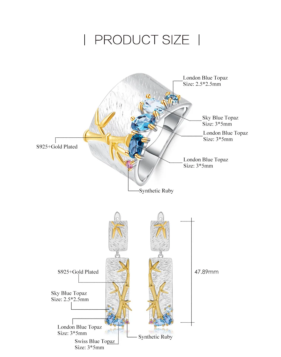 GEM'S балет натуральный голубой топаз кольцо серьги кулон наборы 925 пробы серебро ручной работы бамбуковый набор украшений для женщин