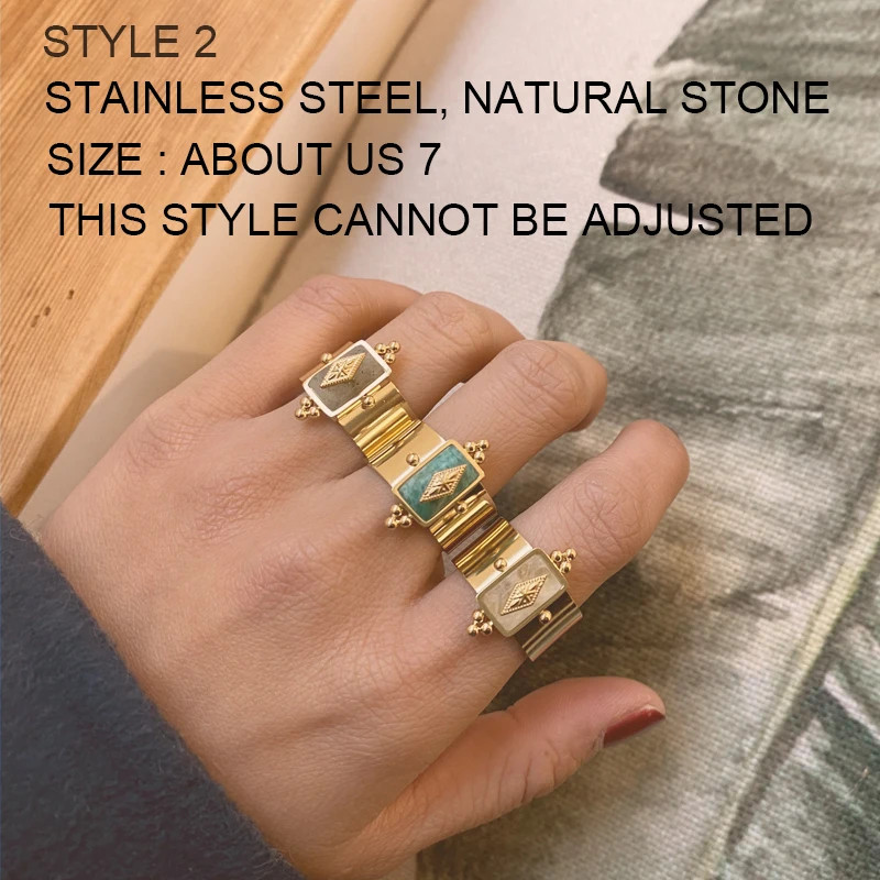 Wild&Free Stainless Steel Gold Plated Wide Rings For Women Big Natural Stone Finger Ring Vintage Jewelry Best Gift
