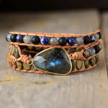 Unique Chunky Leather Wrap Bracelets W/ Labradorite Jaspers Natural Stone Weaving 3X Statement Strand Bracelet Femme Bijoux