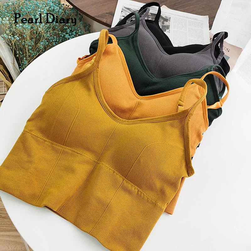 

Pearl Diary Women Sports Bra V Neck Spaghetti Strap Slim Fit Seamless Support Top With Inner Bra Sweet Solid Chic Camisole