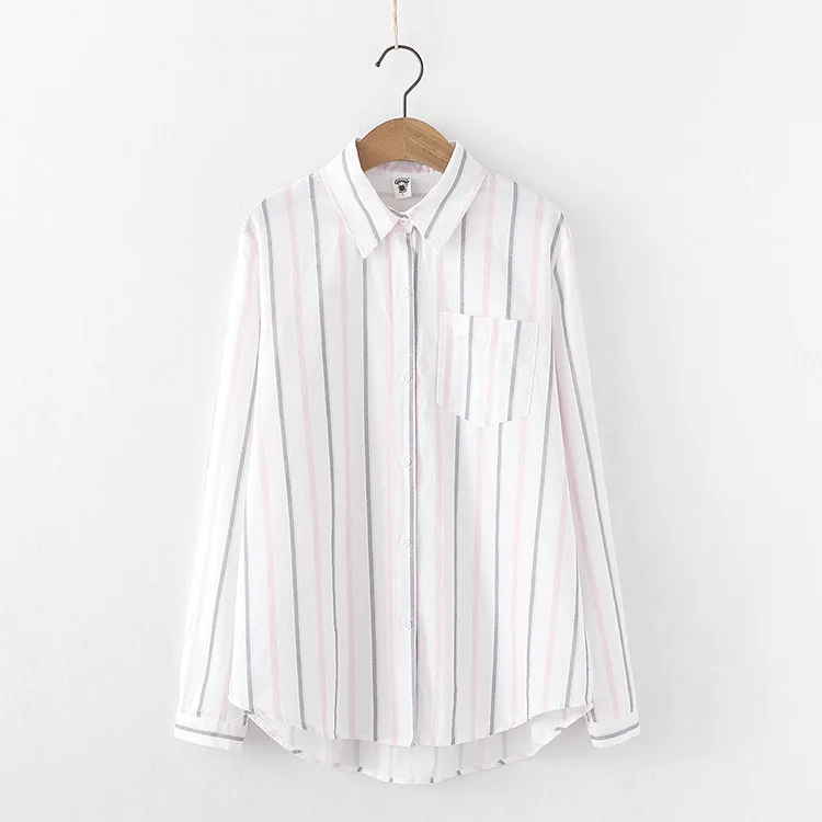 Camisas mujer/2019 г. blusa mujer mori/осенне-Весенняя повседневная короткая блуза в японском стиле с длинными рукавами в розовую и желтую полоску