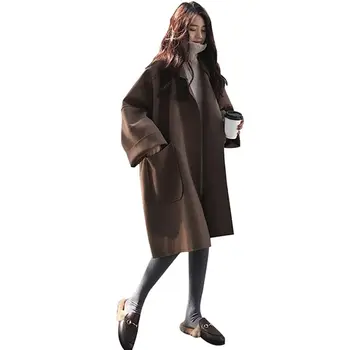 

2020 Loose Woolen Casual Long-sleeved Trench Women Autumn Winter Elegant Coat x