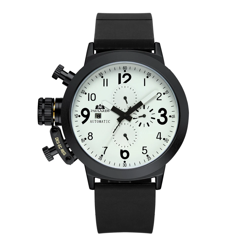 Black White Dial Автоматические самовзводные механические резиновые ремешок черный Серебряный чехол для лодки оранжевый синий желтый серый модные U левосторонние мужские часы - Цвет: Black White Dial