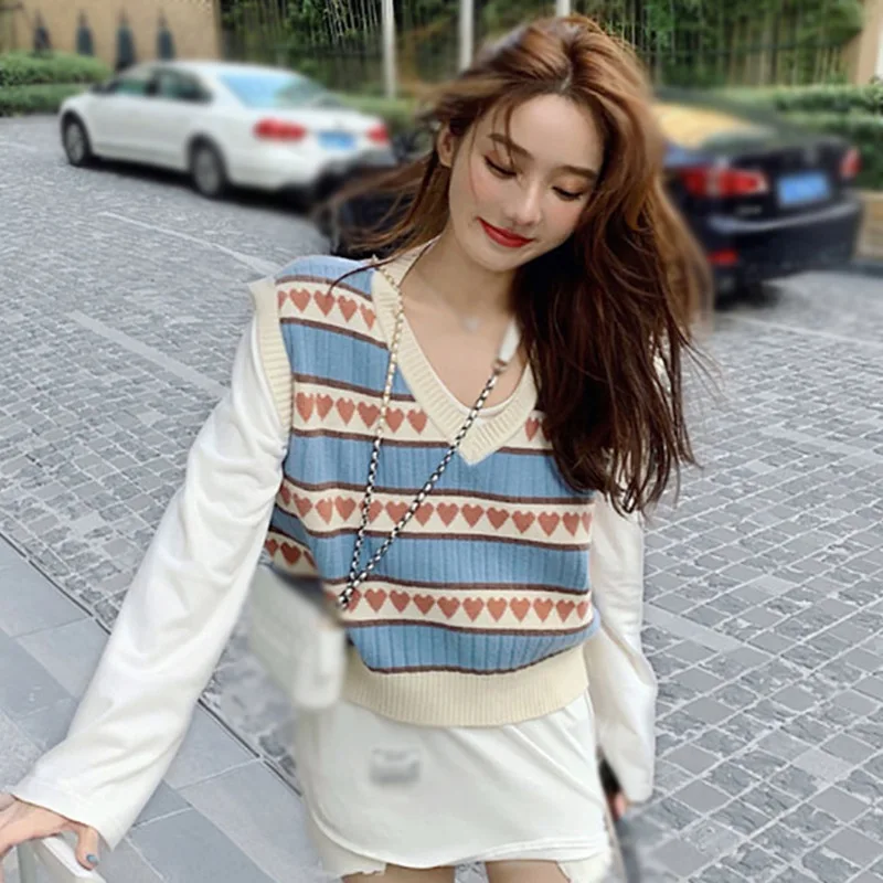 

Осенний свитер, жилет для женщин, свободный винтажный студенческий свитер с принтом сердца в Корейском стиле, популярный милый уютный простой стильный женский