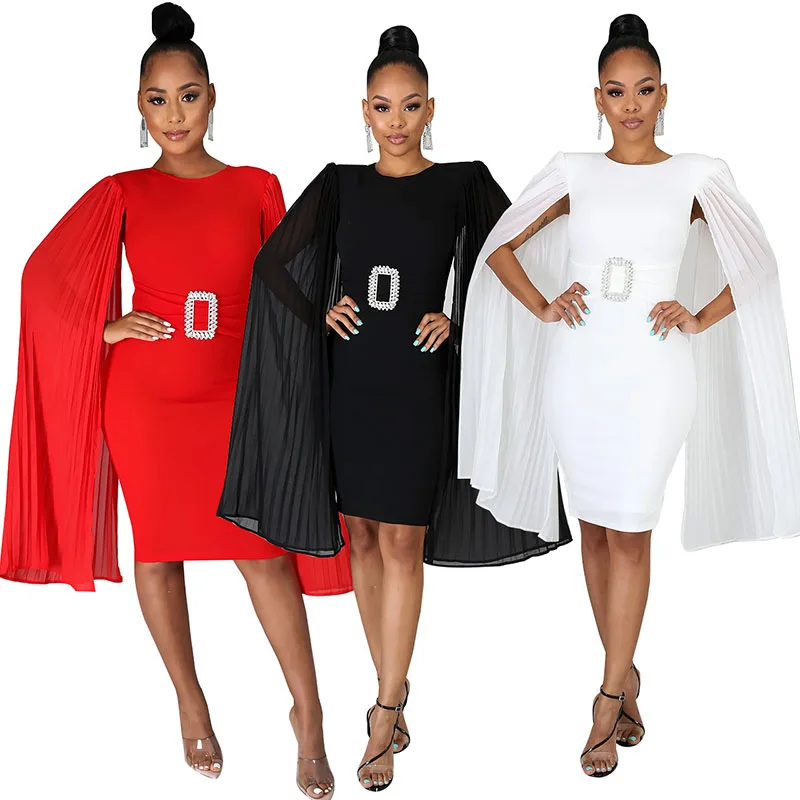 

Autumn Women Solid Color A-line Dress Casual Women's Cape Long Sleeve Round Neck Dress European and American Clothing