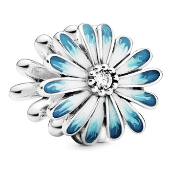 

New 925 Sterling Silver Bead Charm Blue Daisy Flower With Crystal Beads Fit Pandora Bracelet Bangle DIY Jewelry