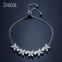 ZAKOL Новое поступление белый CZ циркония Кристалл Камень Регулируемый цветок очаровательные браслеты для женщин модные свадебные ювелирные изделия FSBP2137