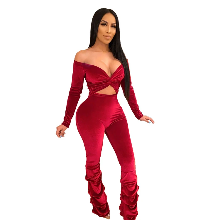 

Best design off shouldersexy bodycon knot Long sleeve heaps pant pleuche Woman Jumpsuit Woman Clothing