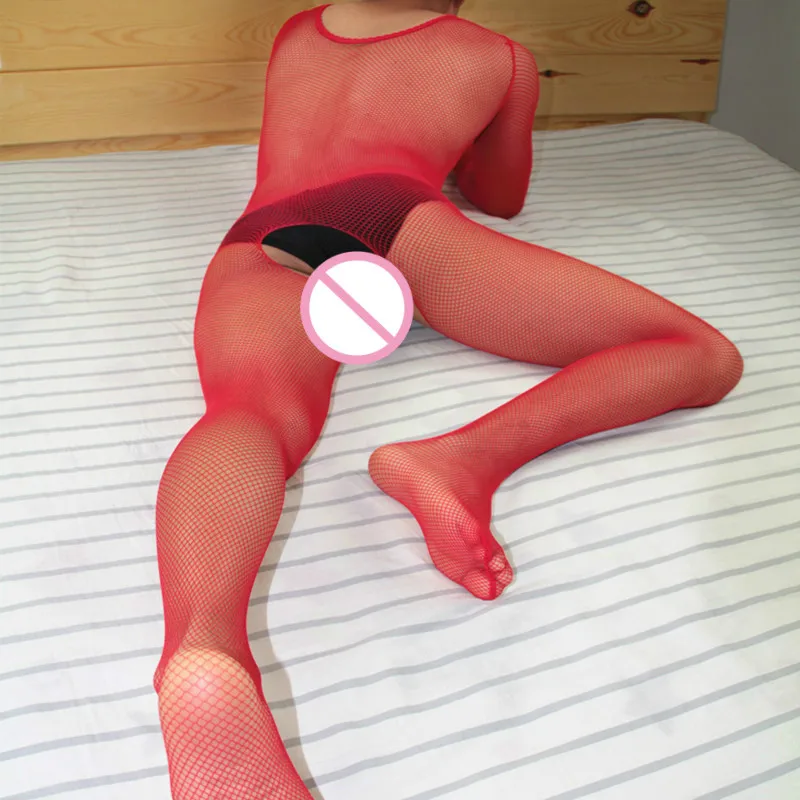Porno Man Underwear Sexy Lingerie Open Crotch Gentleman Sleepwear Long Sleeve Sex Nightwear Mesh Body Stockings Black Red Green