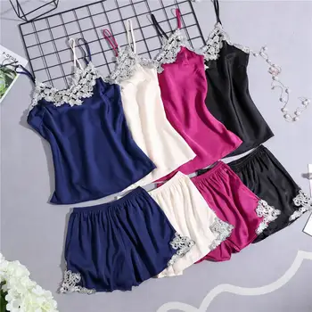 

sexy women's lace silk satin pajamas sets shorts pyjamas sets V-neck suspenders pijamas sets