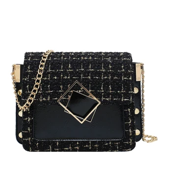 

2019 Winter New Square Crossbody bag Quality Woolen Contrast color Women's Designer Handbag Lock Chain Shoulder Messenger Bag