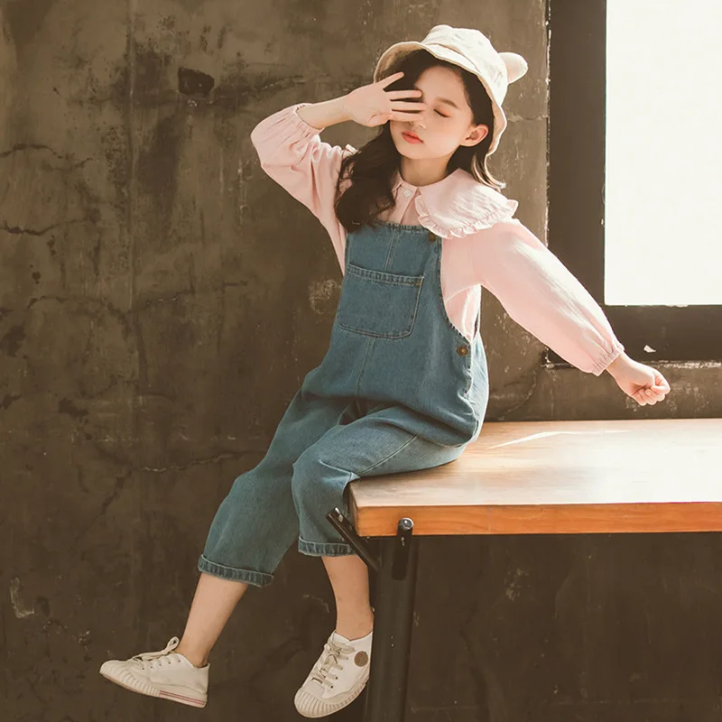 

Girls Spring Clothing 2020 New Style Korean-style Big Kid Peter Pan Collar Shirt Cowboy Suspender Pants Set 1803c-1068