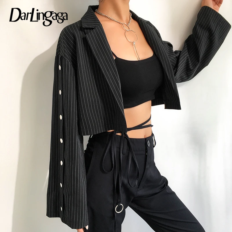 

Darlingaga Fashion Stripe Cropped Autumn Jacket Women Cardigan Buttons Coat Casual Basic Jacket Outwear Open Sleeve Jackets 2019