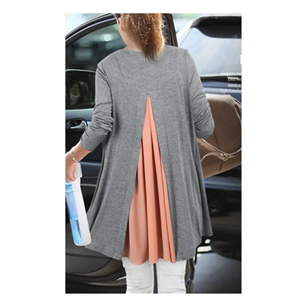 women Autumn Casual pleated Fashion Patchwork knitwear knitted chiffon top long sleeve O-neck