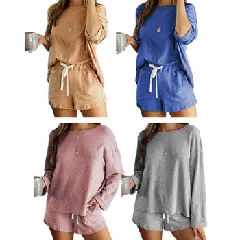 

Women 2 Pieces Pajamas Set Long Sleeve O-Neck Tops Drawstring Pockets Shorts Sleepwear Solid Color Loose Loungewear