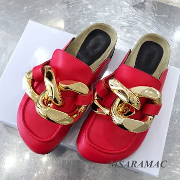 

Fashion metal chain decoration square head ladies flat slippers black and white ins wind slippers summer ladies flat slippers