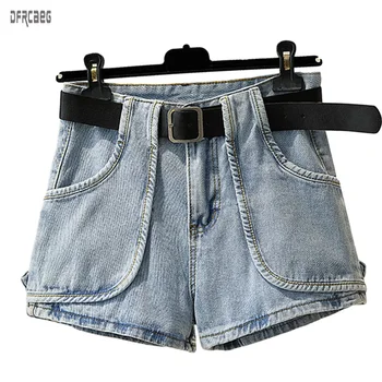 

New 2020 All Match Sashes Women Shorts Summer Big Pockets Womens Jeans Shorts With Belt Cotton Casual Wide Leg Chic Denim Shorts
