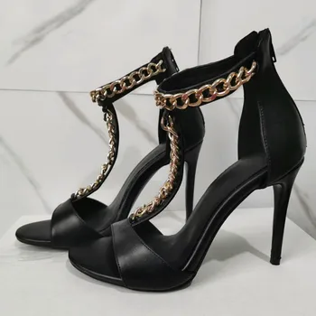 

SHOFOO shoes,Beautiful fashionable women's shoes, leather, chain decoration, about 11cm high-heeled sandals, women's sandals.