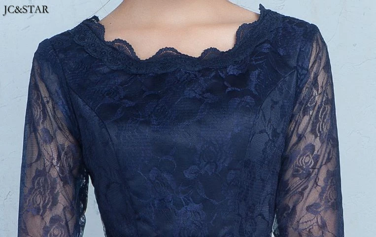 new lace satin half sleeve A Line navy blue bridesmaid dress Tea Length wedding guest dress godmother boda amarillo