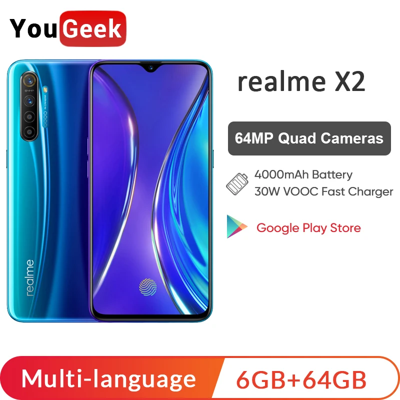 

realme X2 X 2 128GB CellPhone Snapdragon 730G Octa Core 64MP Quad Camera 6.4'' NFC Google Play VOOC 30W Fast Charge
