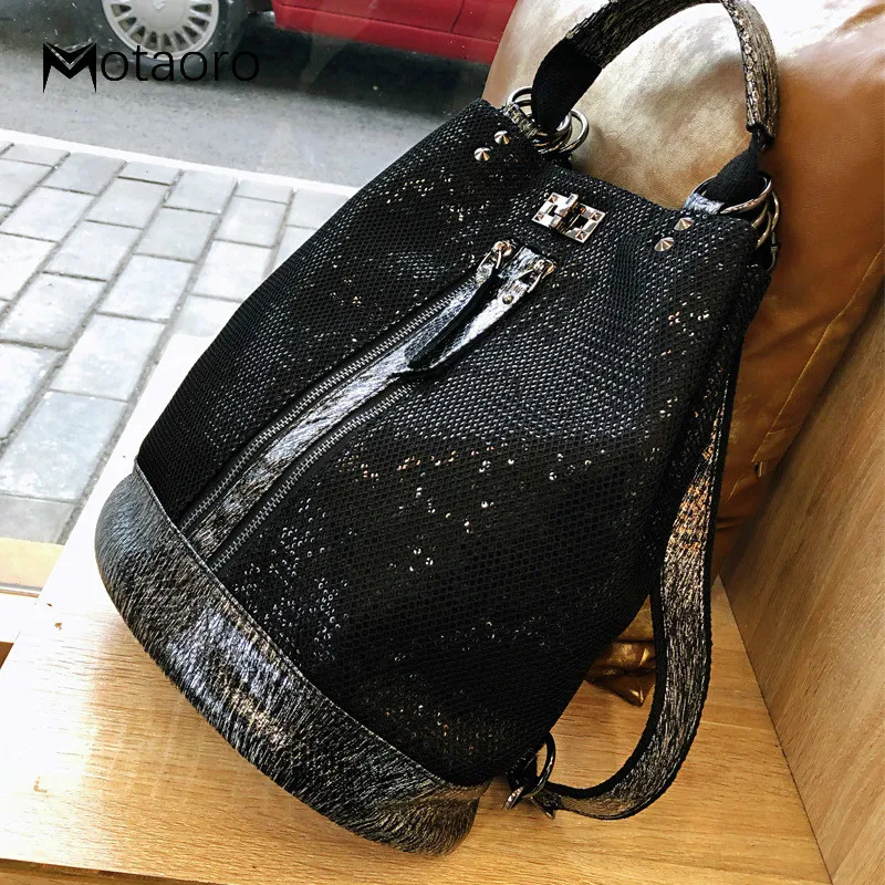Mochila para ordenador portátil de cuero con lentejuelas para mujer, morral con cierre de personalidad, Mochila antirrobo de viaje