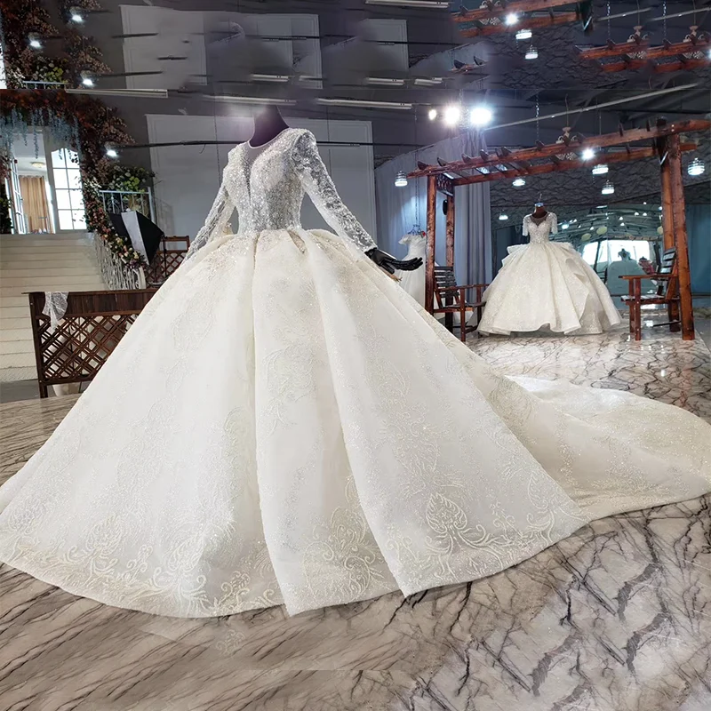 HTL1941 Luxurious Elegant High Neck Crystal Beading Wedding Dress 2020 Sequined Ball Gowns Short Sleeve 4