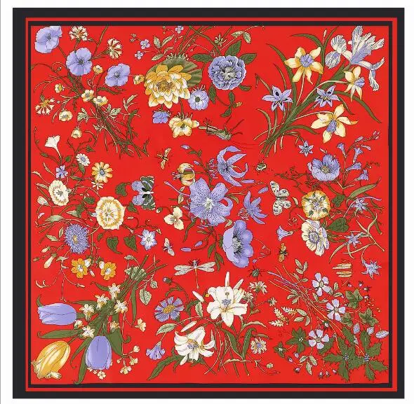 Twill Silk Scarf Women Large Shawls Stoles Lily Flowers Print Square Scarves Echarpes Foulards Femme Wrap Bandanas 130*130CM 3