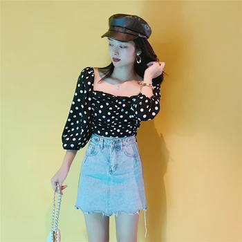 

2019 Autumn Loose Short Sleeves Slash Neck Blouse Blusas Mujer De Moda 2019 Polka Dot Chiffon Half Short Women Blouses
