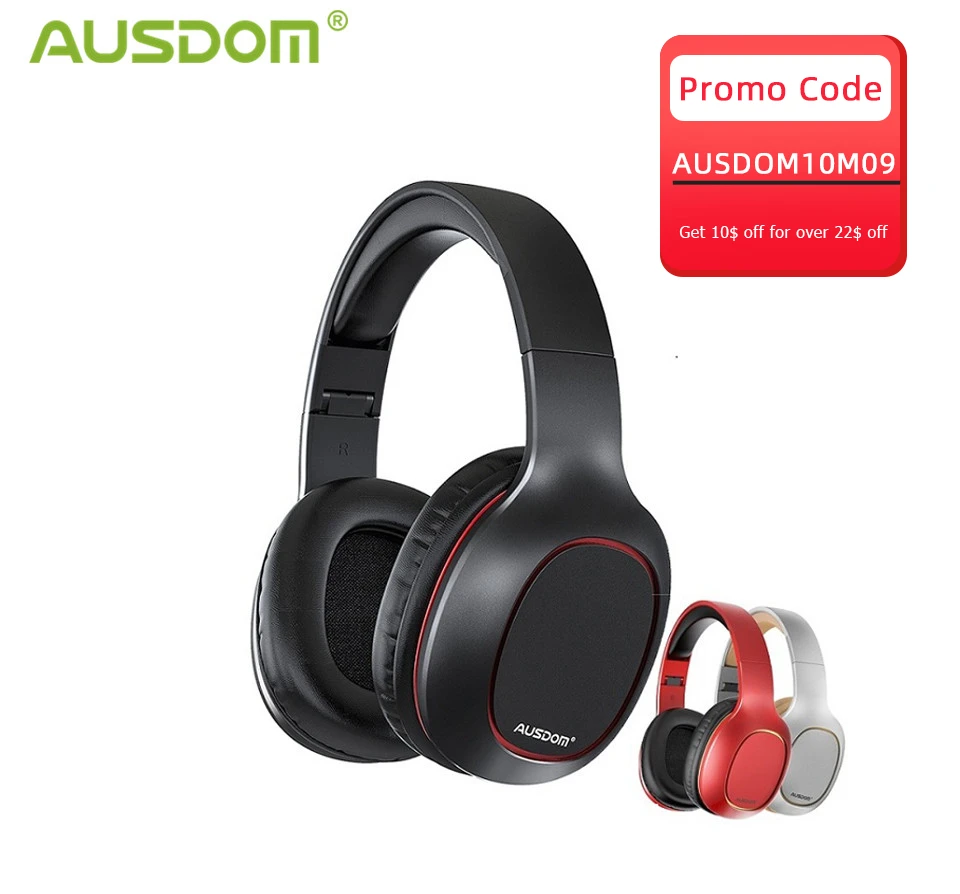 AUSDOM M09 Bluetooth Headphone Over-Ear Wired Wireless Headphones Foldable Bluetooth 5.0 Stereo Headset with Mic Support TF Card