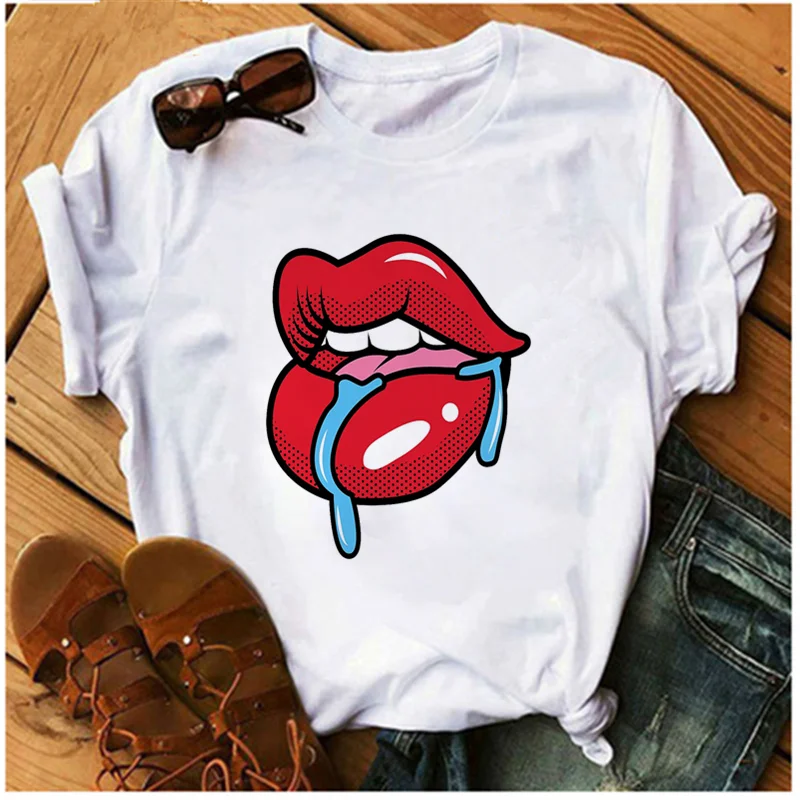 

AOWOF Ladies Summer Tops Red Mouth Lips Romantic Print T-shirt Short Sleeve O-neck Fashion Clothes Harajuku Casual White T-shirt