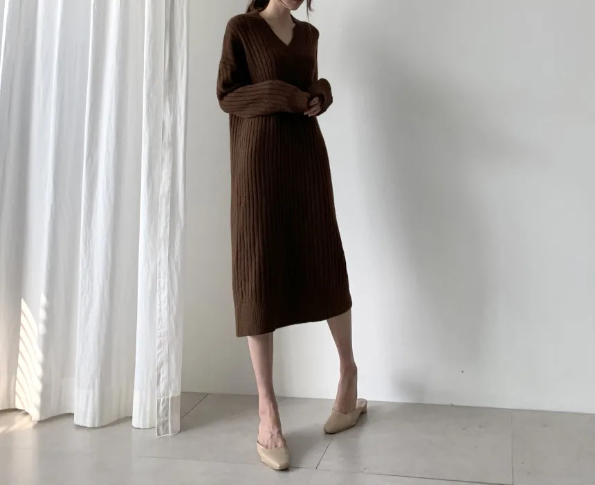 Syiwidii Midi Sweater Dresses Women Autumn Winter 2021 V Neck Long Sleeve Warm Elegant Long Casual Loose Ladies Harajuku Dress lulus dresses