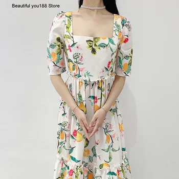 

love French elegant style fresh floral seaside beach dress holiday style clavicle collar high waist big swing