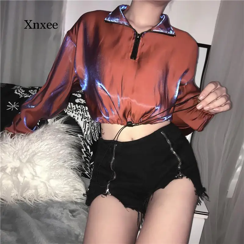 Korean Streetwear Cropped Sweatshirt Women Glitter Zipper Turtleneck Long Sleeve Hip Hop Crop Top Sweatshirt Streetwear brown