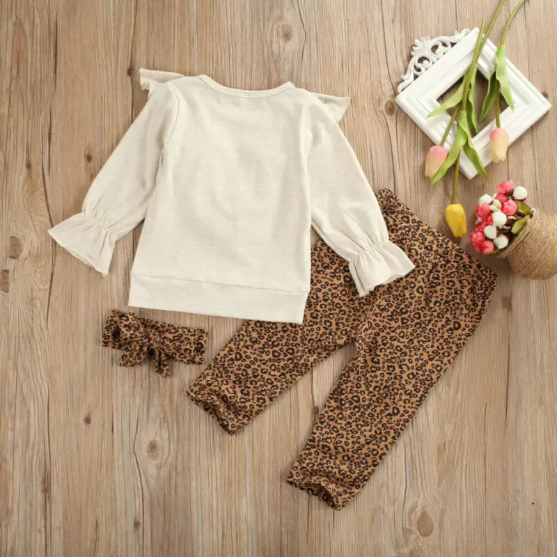 Одежда для маленьких девочек одежда для маленьких девочек топы с оборками и длинными рукавами, свитшот+ леопардовые штаны, комплект из 2 предметов для детей возрастом от 1 года до 5 лет