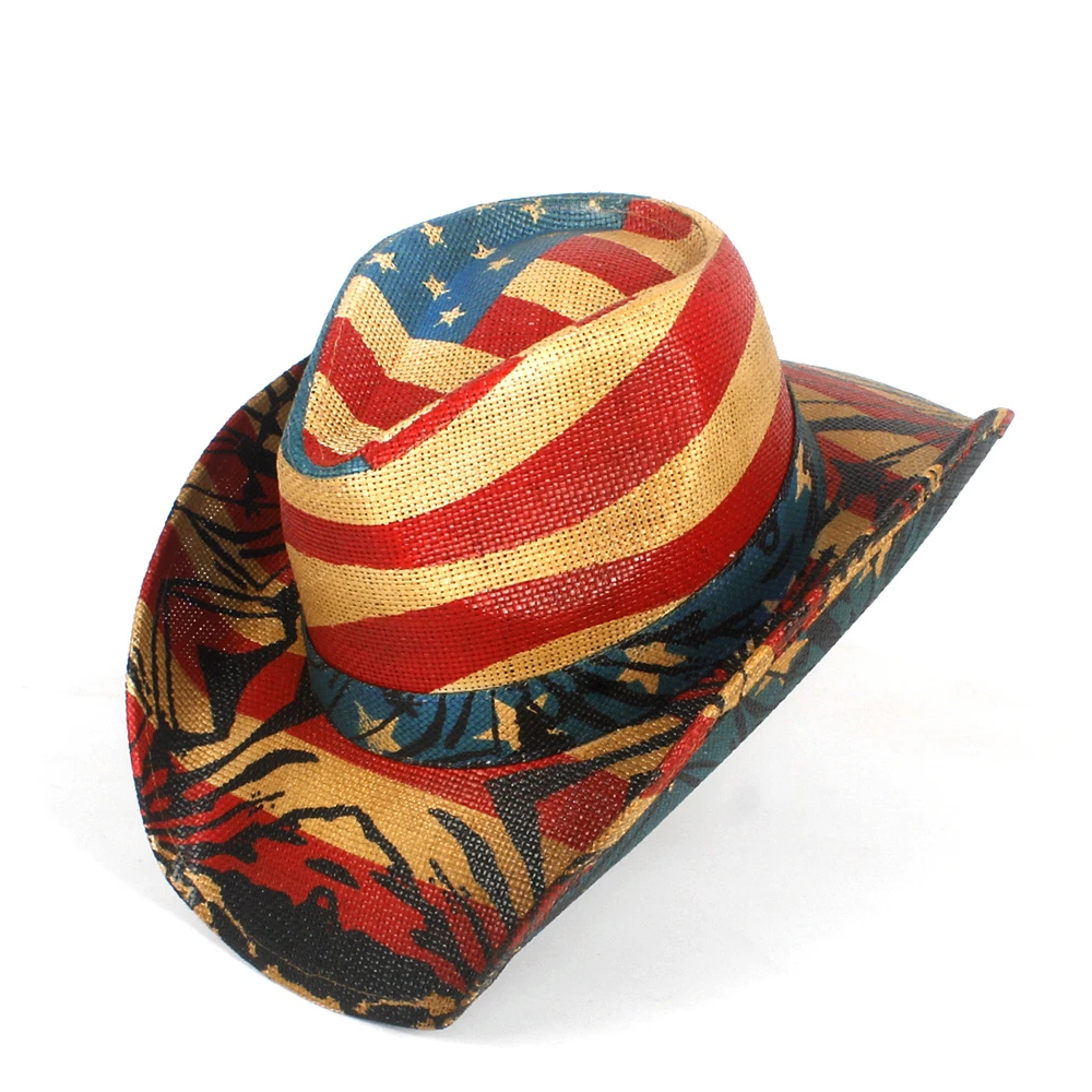 Chapeau de Cowboy en paille pour femmes et hommes, chapeau de soleil en  corde naturelle coupe vent, style Western Cowboy, drapeau américain et  américain | AliExpress