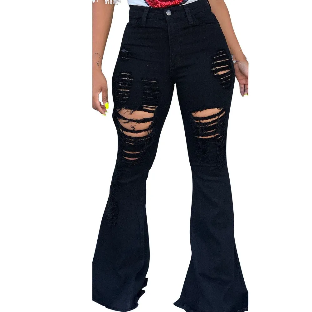 Мода, повседневные джинсы с высокой талией, широкие джинсы, женские однотонные свободные расклешенные штаны, черные рваные брюки