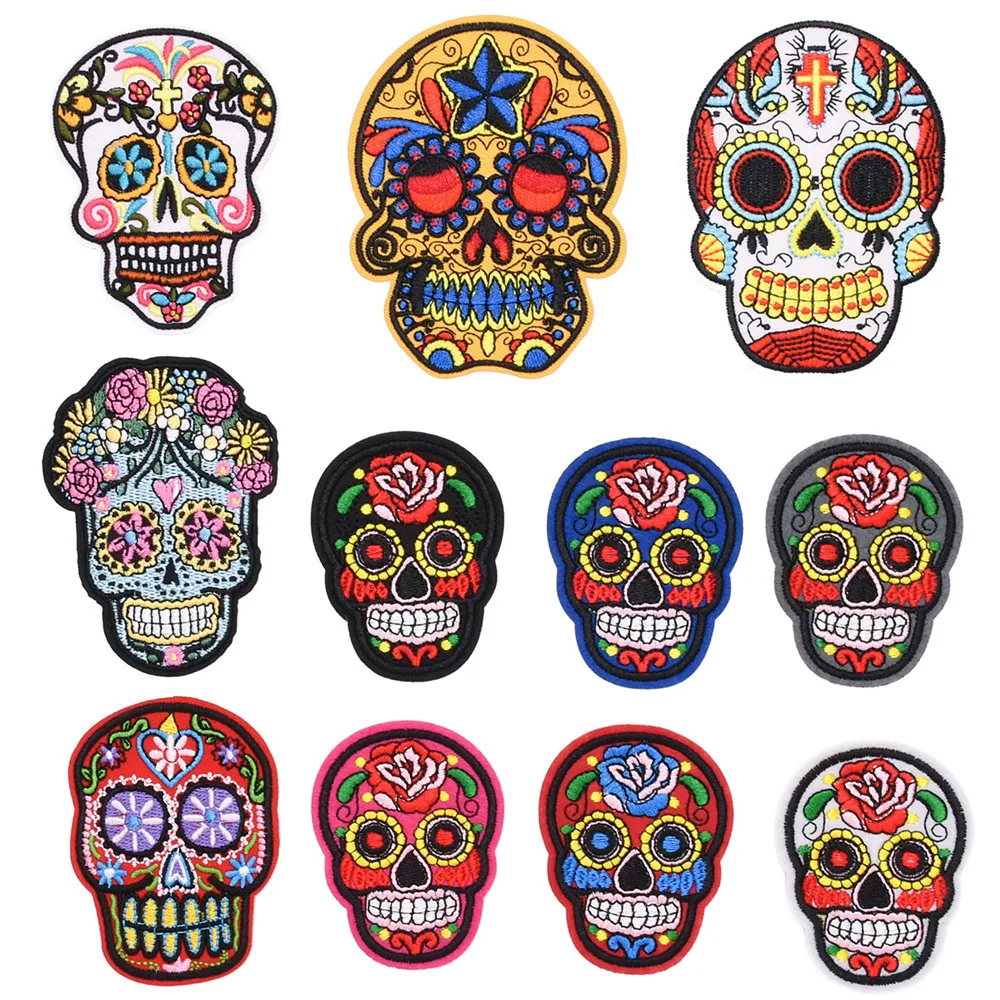 Skeleton Skull Patches For Clothing Badges Goth Gothic Embroidered Appliques Sewing Iron On Patch Tranfer Sticker For Clothes