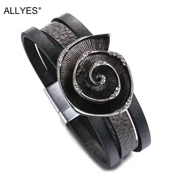 

ALLYES Gun Black Enamel Snails Charm Rhinestone Leather Bracelet for Men Multi Layer Wrap Bracelets Bangles Club Party Jewelry