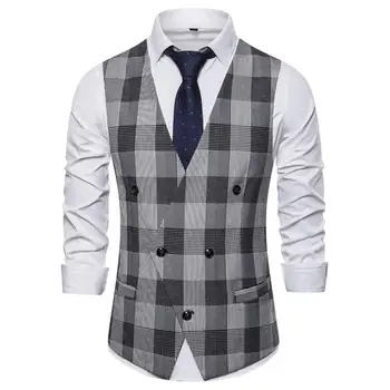 

Casual Plaid Men's Vest Business Casual V-neck Waistcoats Vests For Men's Clothing Suits Fashion Black White Grid New