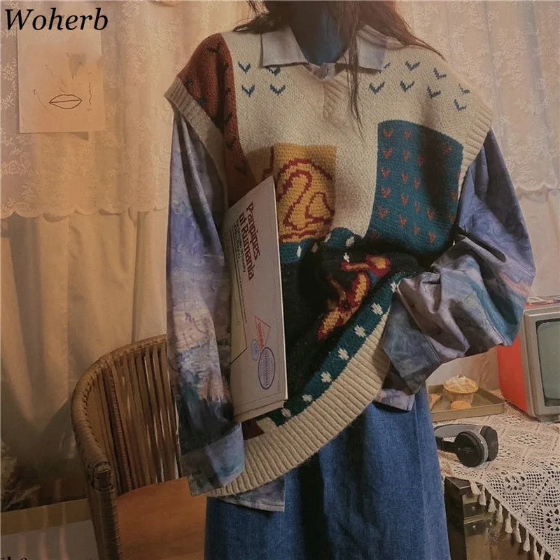 Woherb женский жилет осень 2022 корейский стиль винтажные пуловеры без рукавов с