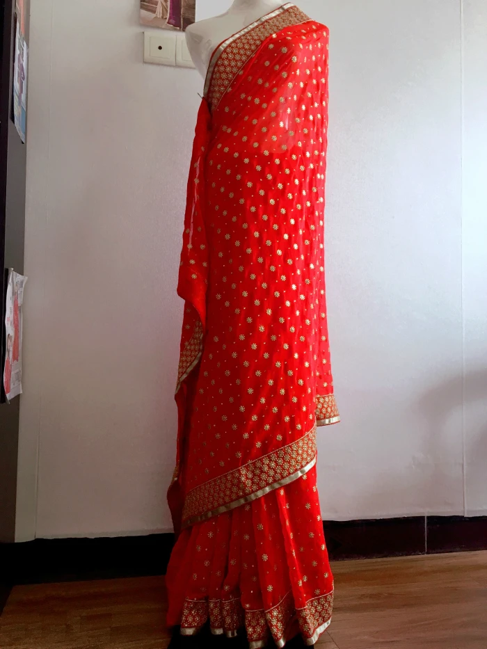 サリーインドドレスサリー女性赤刺繍ジョーゼットボリウッド結婚式サリーインド衣装ヒント Elbiseler Hindistan India Pakistan Clothing Aliexpress