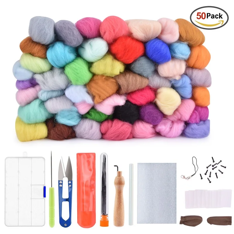 

50 Colors Wool Felt Fibre Roving With Needle Set For Felting DIY Handcraft Starter Needlework Sewing Craft Kit Needle Craft Wool