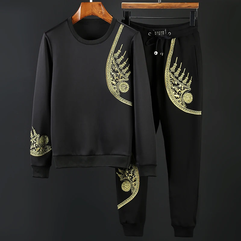 

Embroidery Sets (sweatshirts+pants) Luxury Round Collar Mens Hoodies Plus Size 7xl Elastic Waist Slim Fit Men Pants