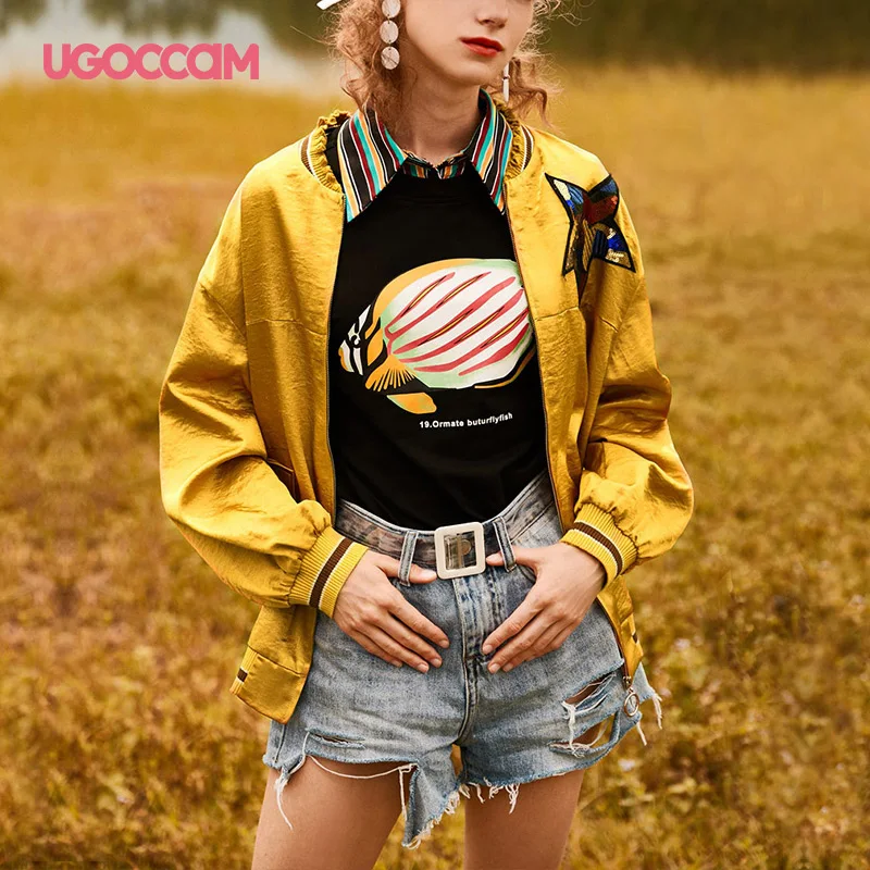 

UGOCCAM Yellow Jacket Autumn Women Zipper Jacket Collarless Cardigan Breasted Elegant Coat Streetwear Outwear