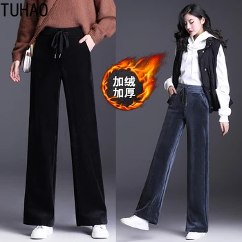 

TUHAO 2019 Autumn Winter Womens Velvet Wide Leg Pants Retro Plus Size 4XL 3XL Loose High Waist Pant Trousers Streetwear LZ55