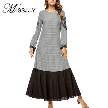 

MISSJOY Arab Elbise Tartan Dress Plaid Gingham Vestido 2018 Women Black Long Sleeve Print Casual Patchwork Muslim Turkish Abaya