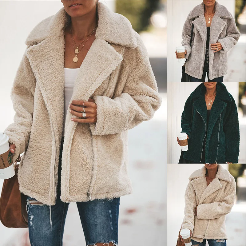 

Autumn Winter Fleece Faux Fur Jackets Coat Women Plush Warm Thick Teddy Coat Female Casual Overcoat Pockets Large Size Outerwear