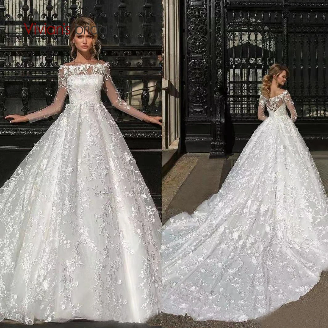 Vivian's Bridal Феи Бохо цветочный принт свадебное платье элегантное лодочка шеи Кружева Иллюзия аппликации с длинным рукавом свадебное платье