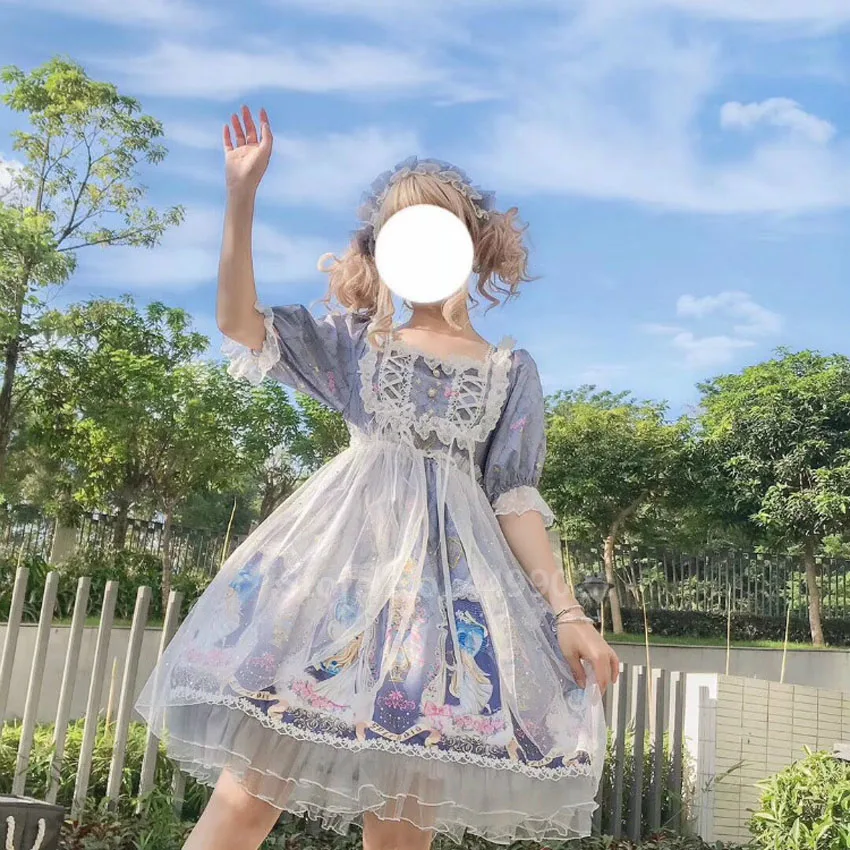 Женское платье в стиле Лолиты, плиссированное, кружевное, с принтом, Kawaii JSK OP, Тюлевое, жемчужное, мягкое, для сестры, коллаж, стильные, милые, чайные, вечерние, юбки